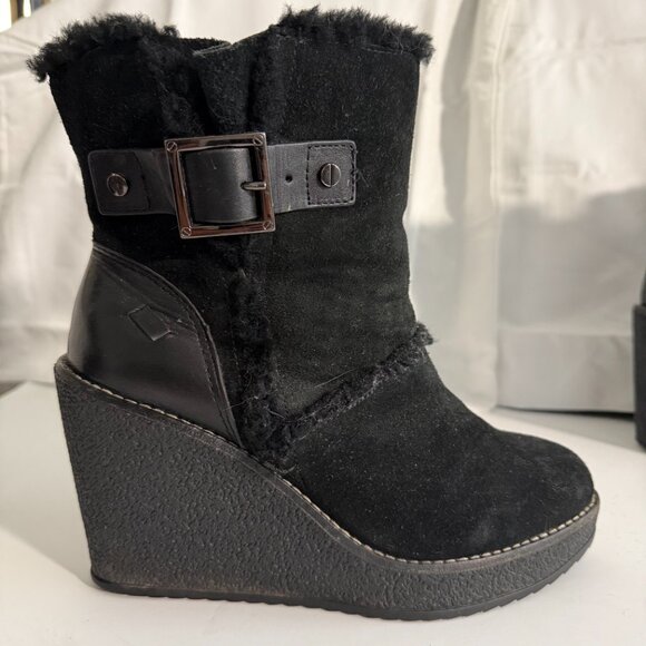 Tory Burch Black Suede Shearling Wedge Ankle Boots | Women’s 6 - Picture 4 of 15